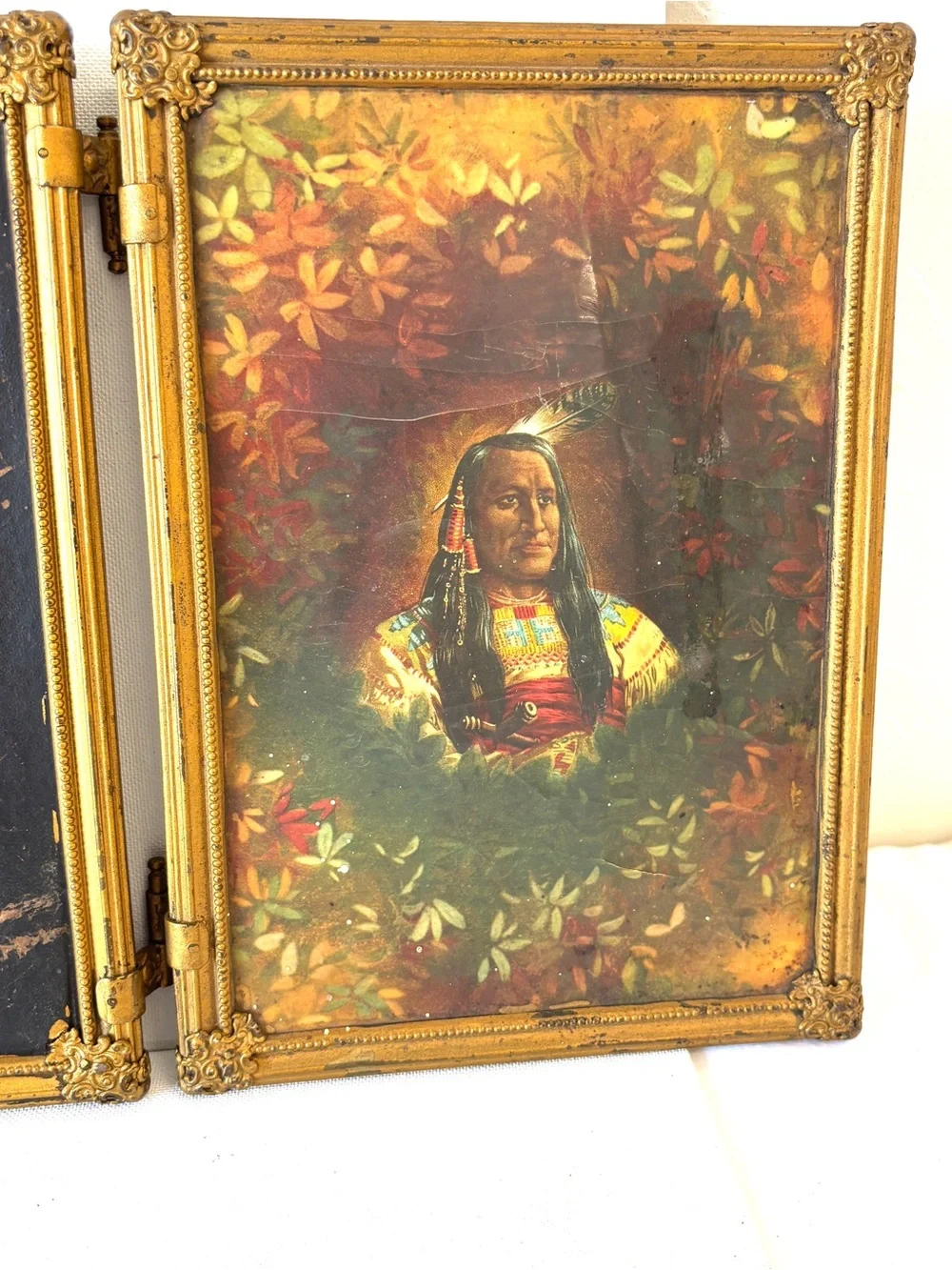 Mirror: Antique Victorian Beveled Tri-Fold Hanging Brass Indian Floral Wall Art